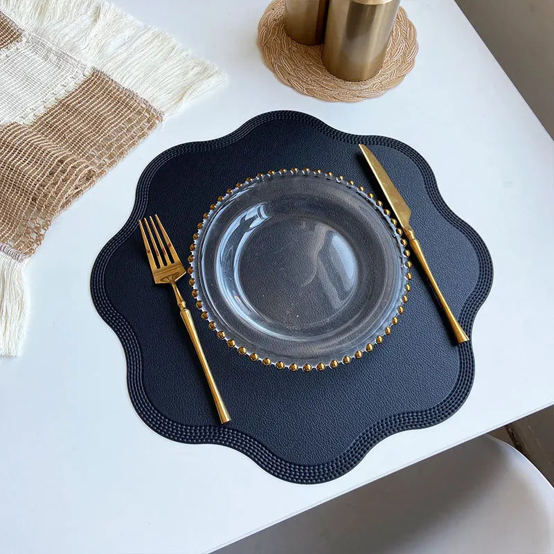 FloraMat | Luxury Round Faux Leather Placemats | Embossed Flower Design | Mat Water-Resistant