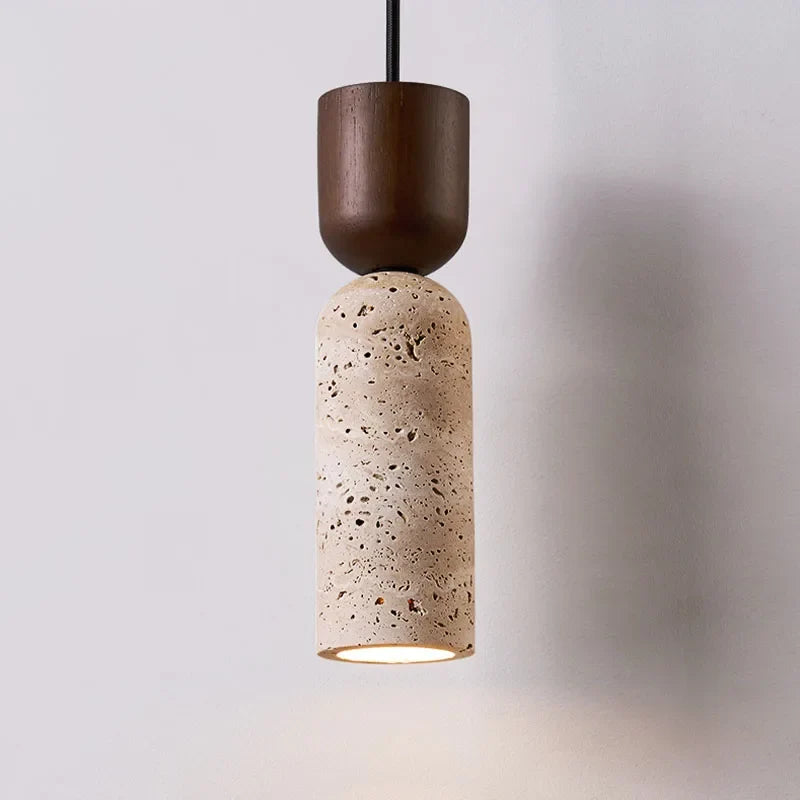 Wabi-Sabi Travertine & Wood Pendant Light | Japanese Minimalist Bedside Lighting | Walnut
