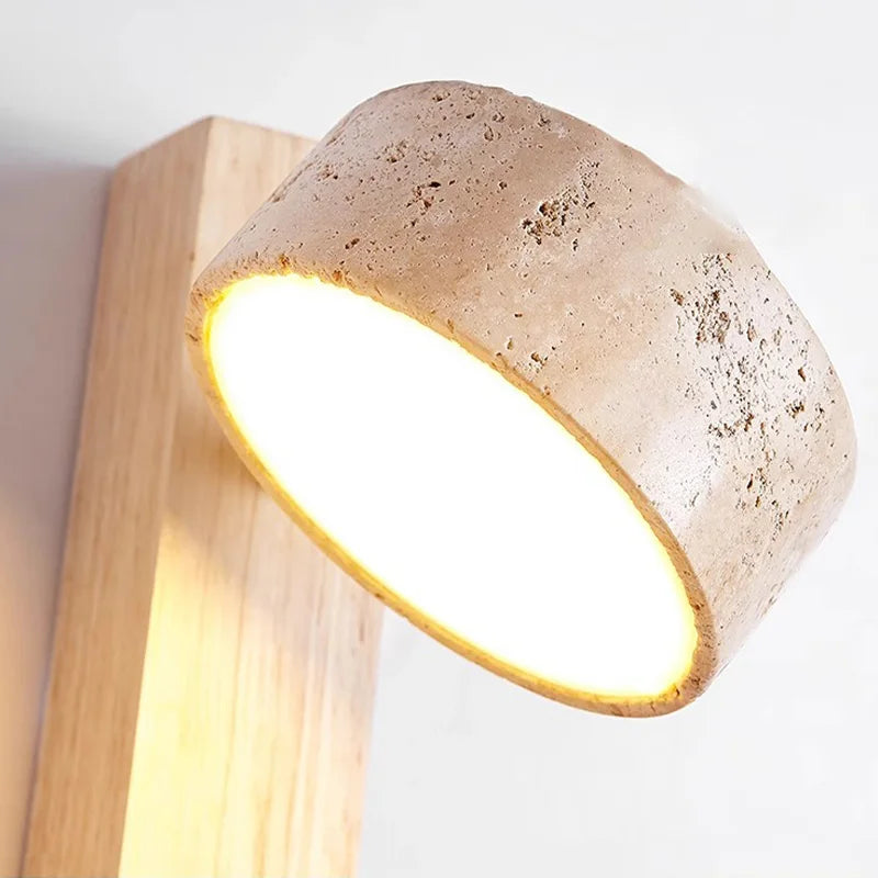 Éclat Wall Lamp | French Wabi-Sabi Headboard Light with Pull Switch | Travertine Stone Wood