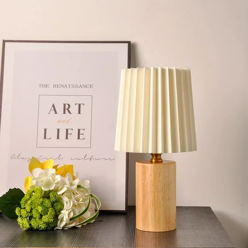 Medieval Pleated Table Lamp | Nordic Wood Base Design | Handcrafted Vintage-inspired Bedside