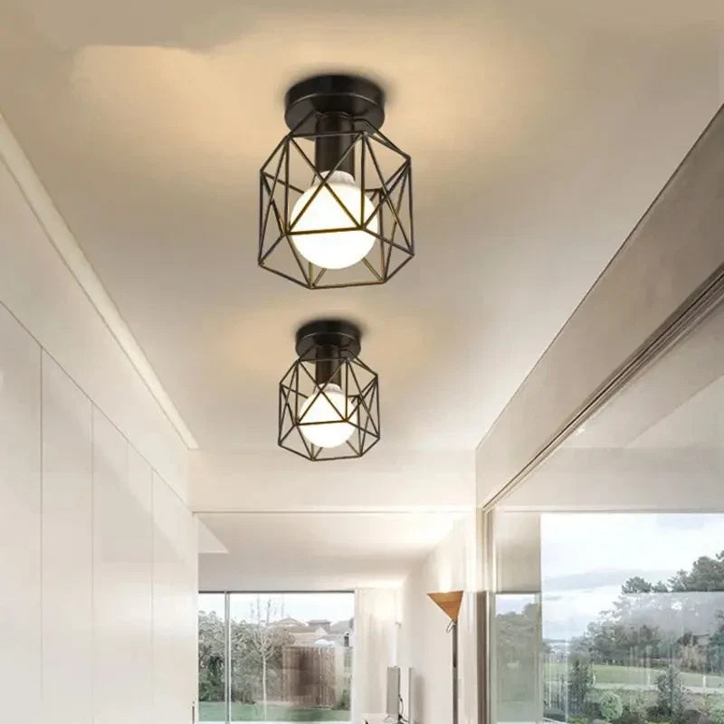 Modern Gold Ceiling Light | Geometric Metal Cage Design | Iron Industrial Bedroom