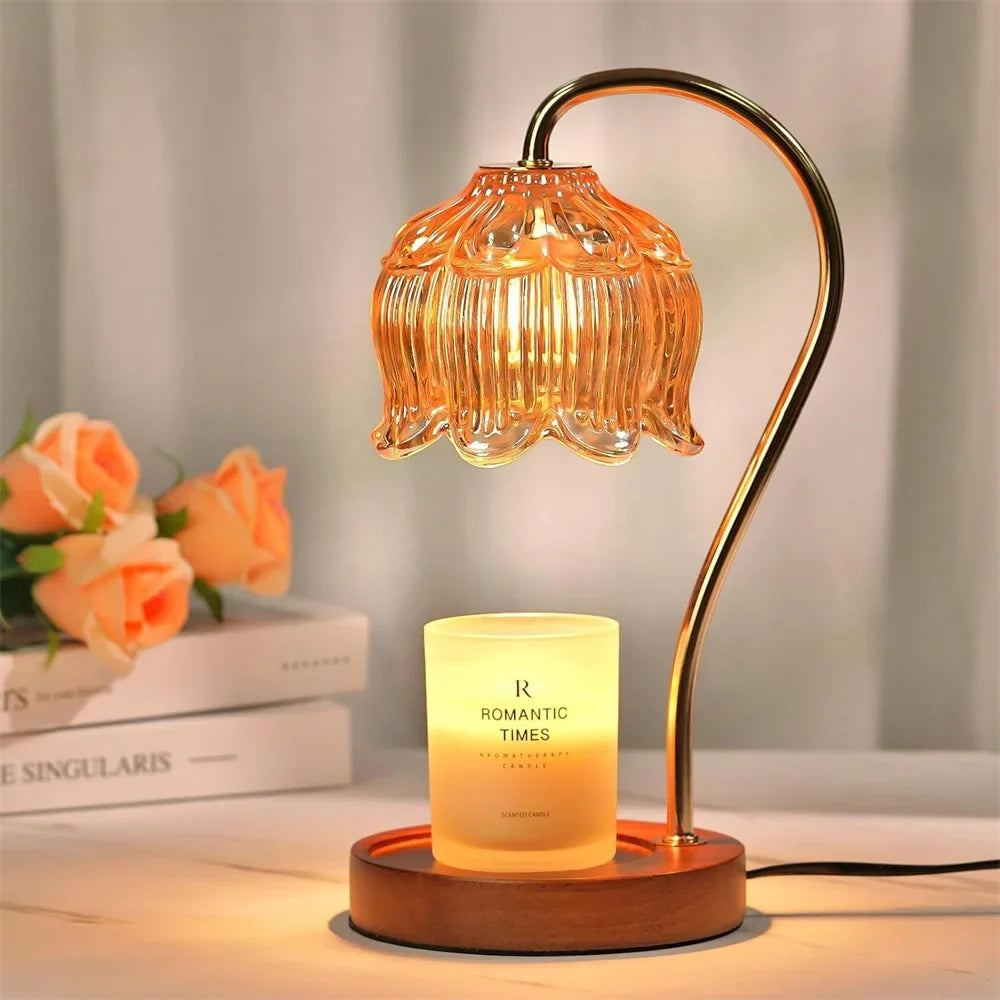 Candle Warmer Lamp | Retro Glass Shade & Solid Wood Base | Vintage-inspired