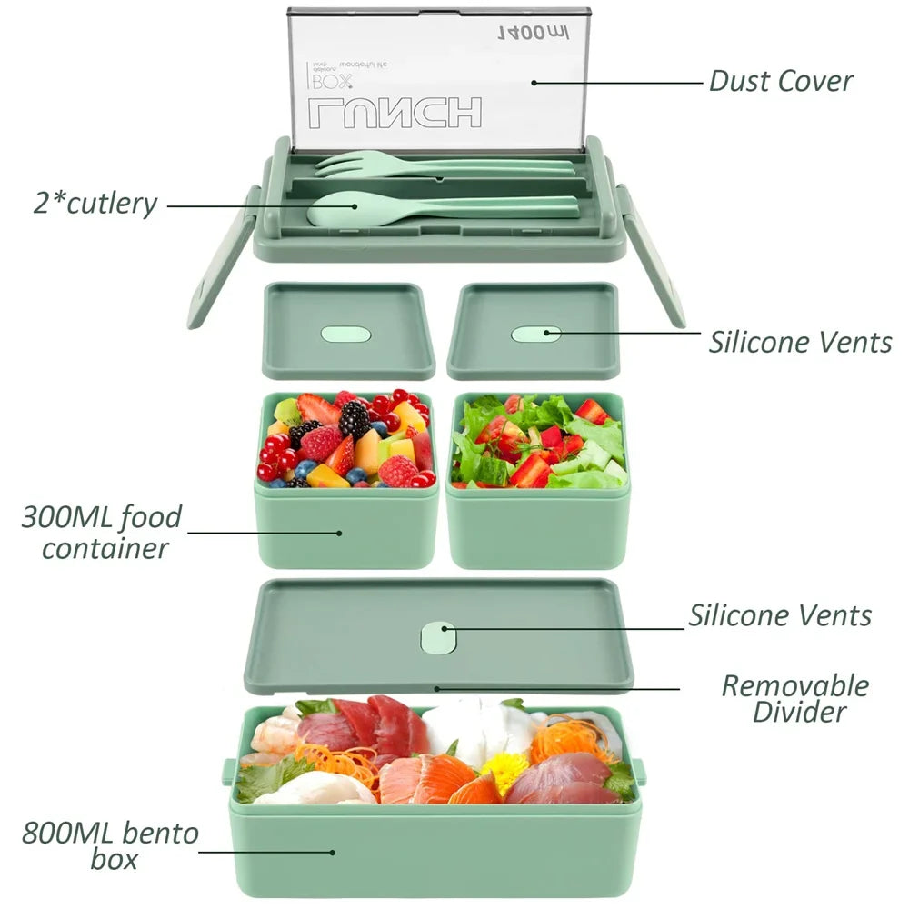 1400ml Double Layer Bento Box | Portable Lunch Box with Fork & Spoon | Microwave Safe Food