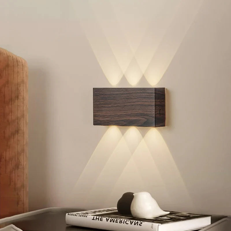 LumiBlock Rechargeable Wall Lamp | Minimalist Wood-Grain Design | Wall Light Touch Control