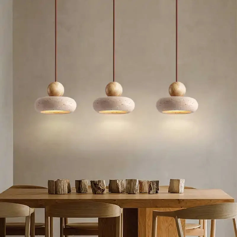 Natural Stone & Wood Pendant Light | Vintage Minimalist Pendant | Adjustable Vintage-inspired