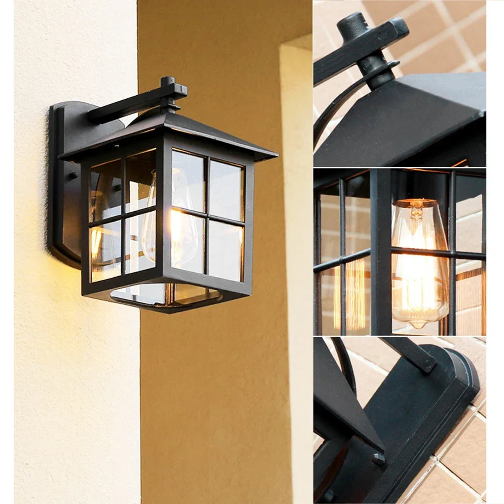 Camden Outdoor Wall Lamp | Vintage E27 Lantern Sconce | Outdoor Light Glass Metal LED Garden