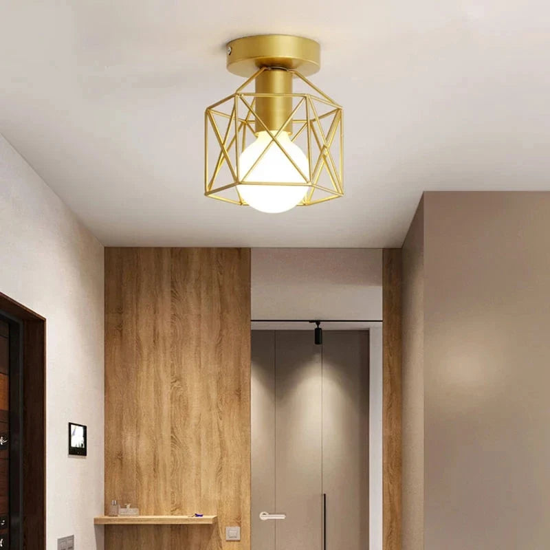 Modern Gold Ceiling Light | Geometric Metal Cage Design | Iron Industrial Bedroom