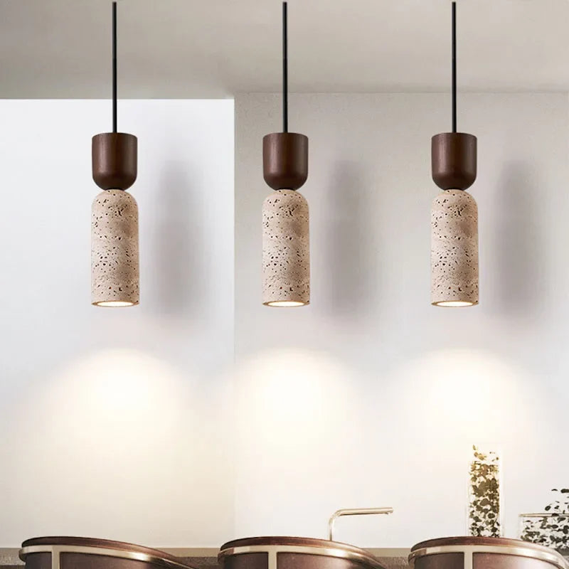Wabi-Sabi Travertine & Wood Pendant Light | Japanese Minimalist Bedside Lighting | Walnut