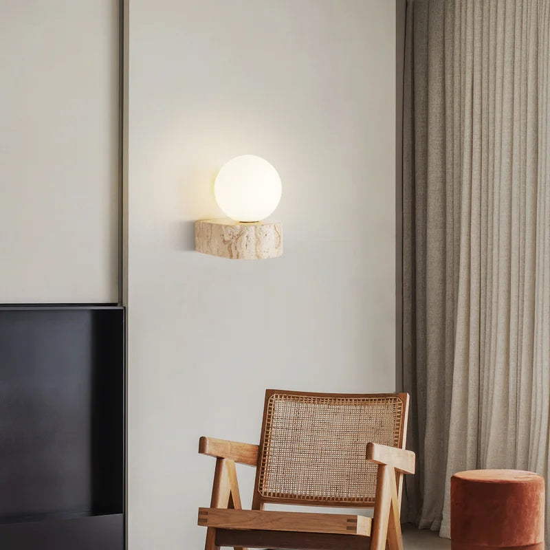 Travertine Stone Wall Lamp | Modern Japanese-Style LED Sconce | Wall Light Glass Bedroom