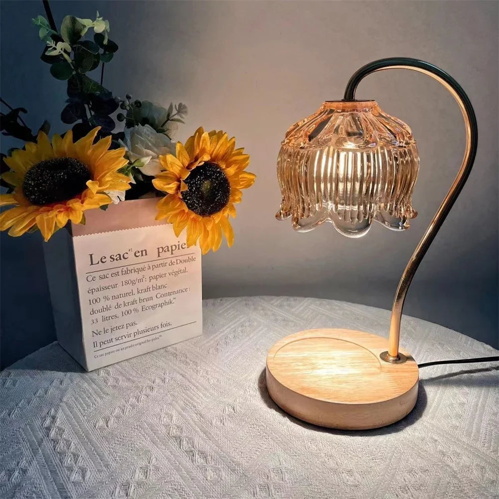Candle Warmer Lamp | Retro Glass Shade & Solid Wood Base | Vintage-inspired