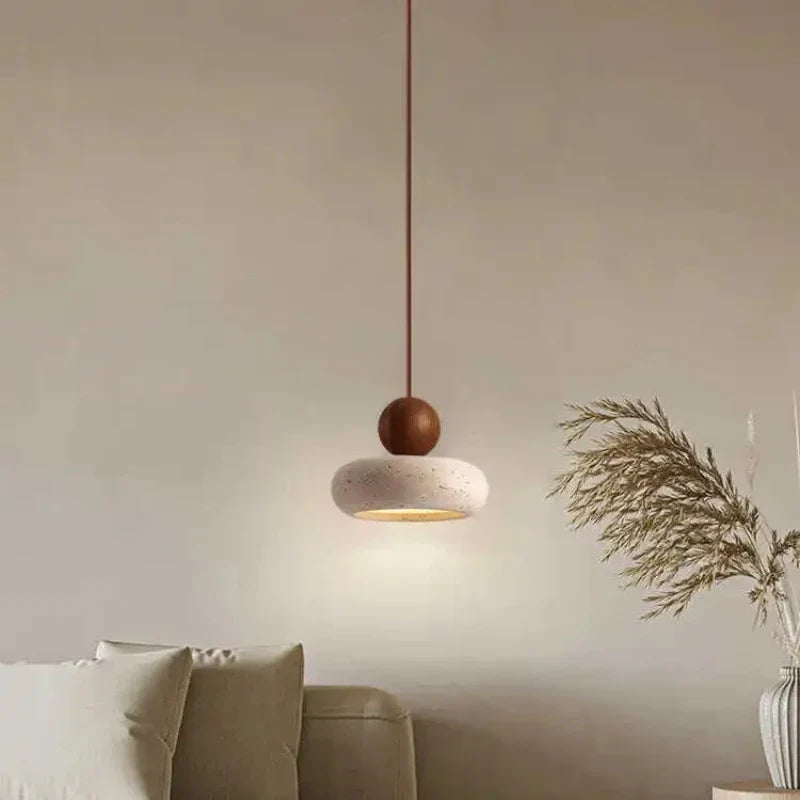Natural Stone & Wood Pendant Light | Vintage Minimalist Pendant | Adjustable Vintage-inspired