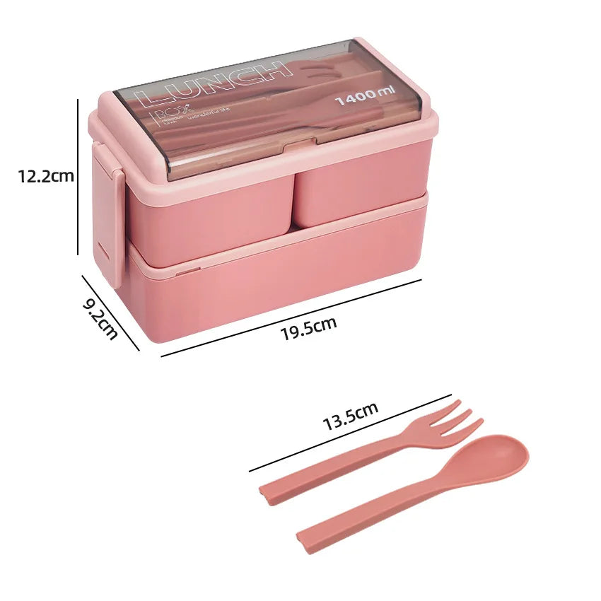 1400ml Double Layer Bento Box | Portable Lunch Box with Fork & Spoon | Microwave Safe Food
