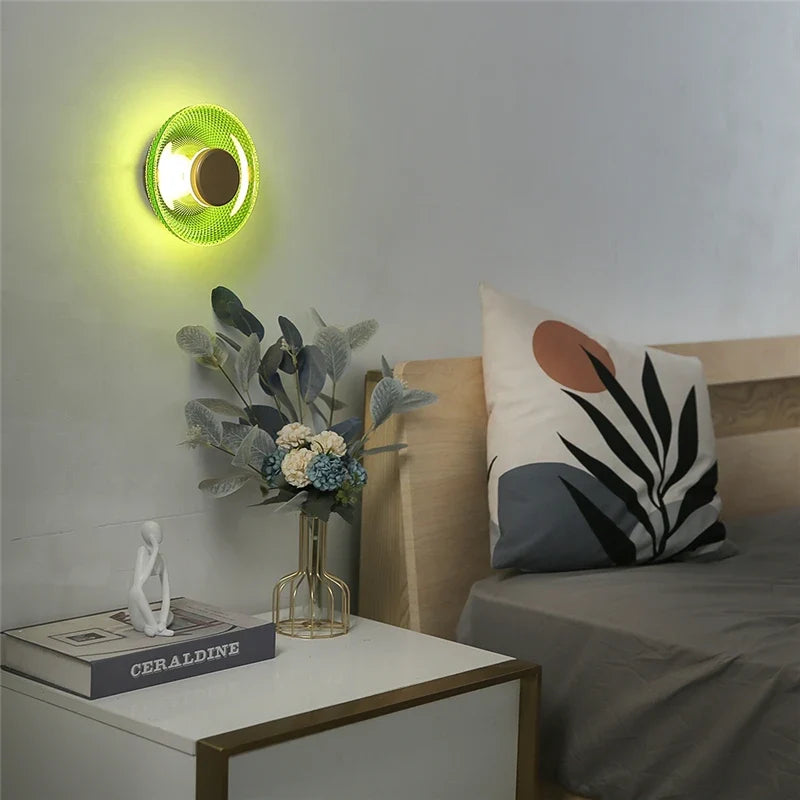Modern Coloured Glass Wall Lamp | Textured LED Disc Light | Bedroom