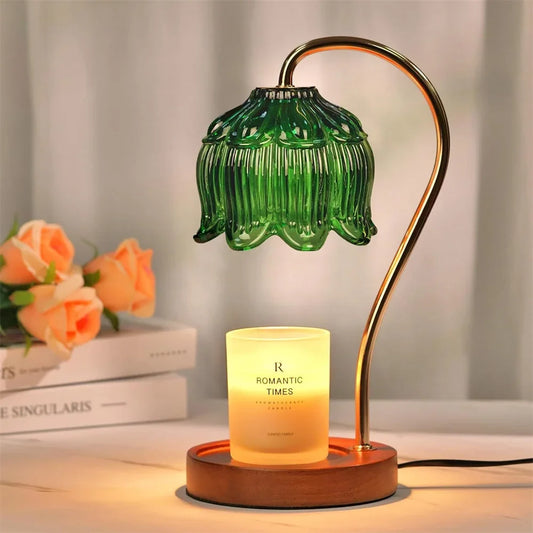 Candle Warmer Lamp | Retro Glass Shade & Solid Wood Base | Vintage-inspired