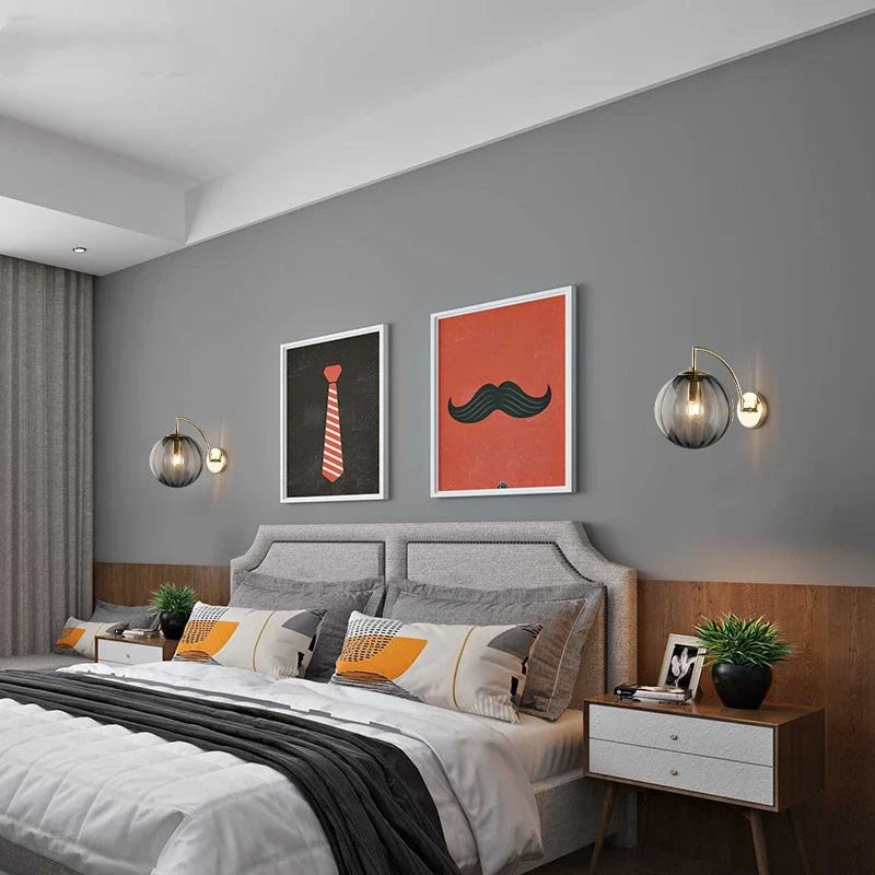 Modern Glass Ball Wall Lamp | Brass & Tinted Glass Design | Wall Light Bedroom