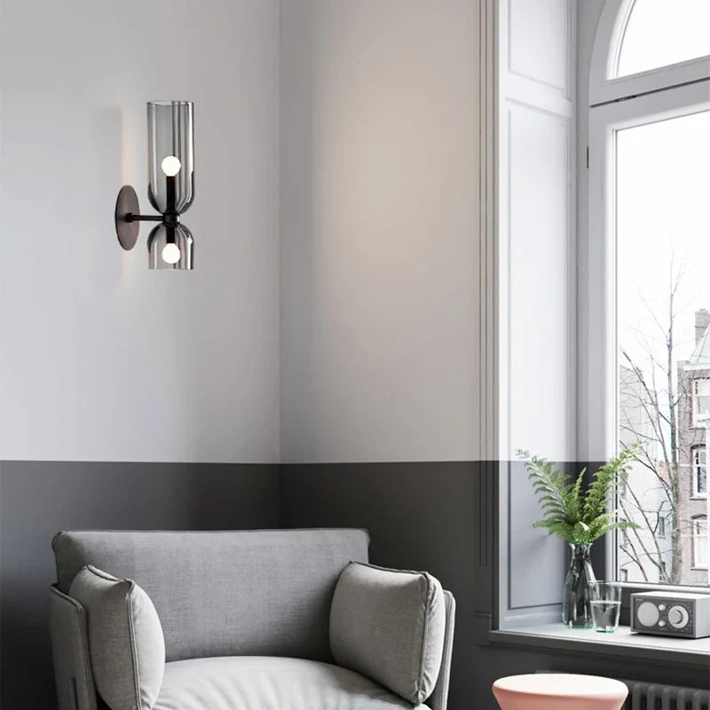 Nordic Glass Wall Lamp | Smoked Tube Design | Wall Light Metal Bedroom