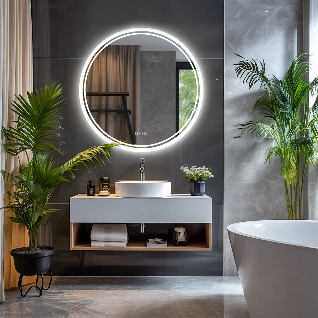 LuvoRound | Round LED Bathroom Mirror | Anti-Fog & Dimmable Touch Screen | Adjustable Anti-Fog