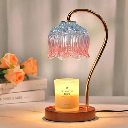 Candle Warmer Lamp | Retro Glass Shade & Solid Wood Base | Vintage-inspired
