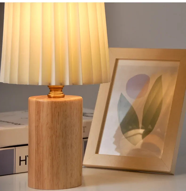 Medieval Pleated Table Lamp | Nordic Wood Base Design | Handcrafted Vintage-inspired Bedside