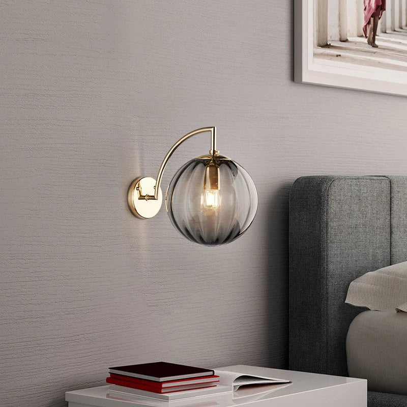 Modern Glass Ball Wall Lamp | Brass & Tinted Glass Design | Wall Light Bedroom