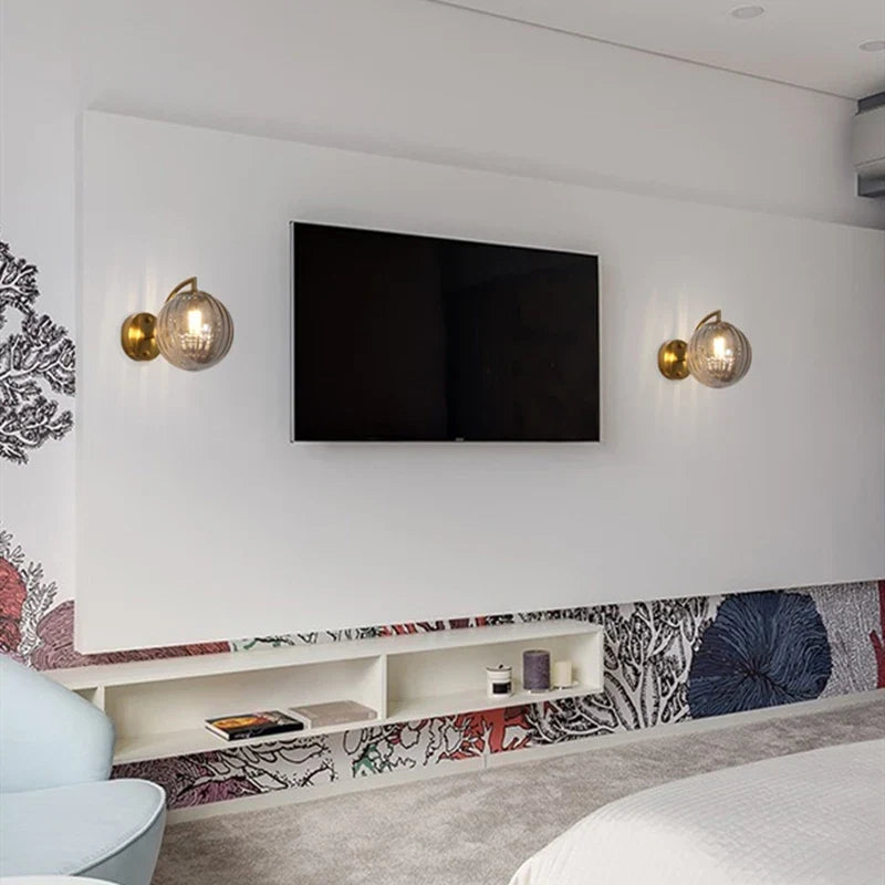 Modern Glass Ball Wall Lamp | Brass & Tinted Glass Design | Wall Light Bedroom