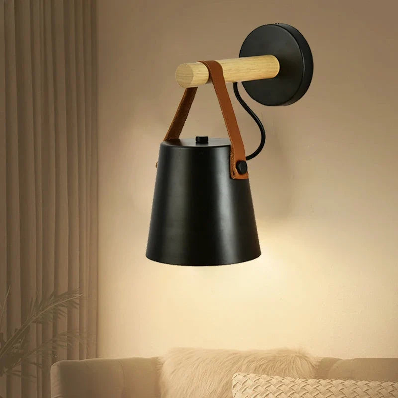 Nordic Wood & Leather Wall Lamp | Hanging Bedside Light | Iron Handcrafted Bedroom