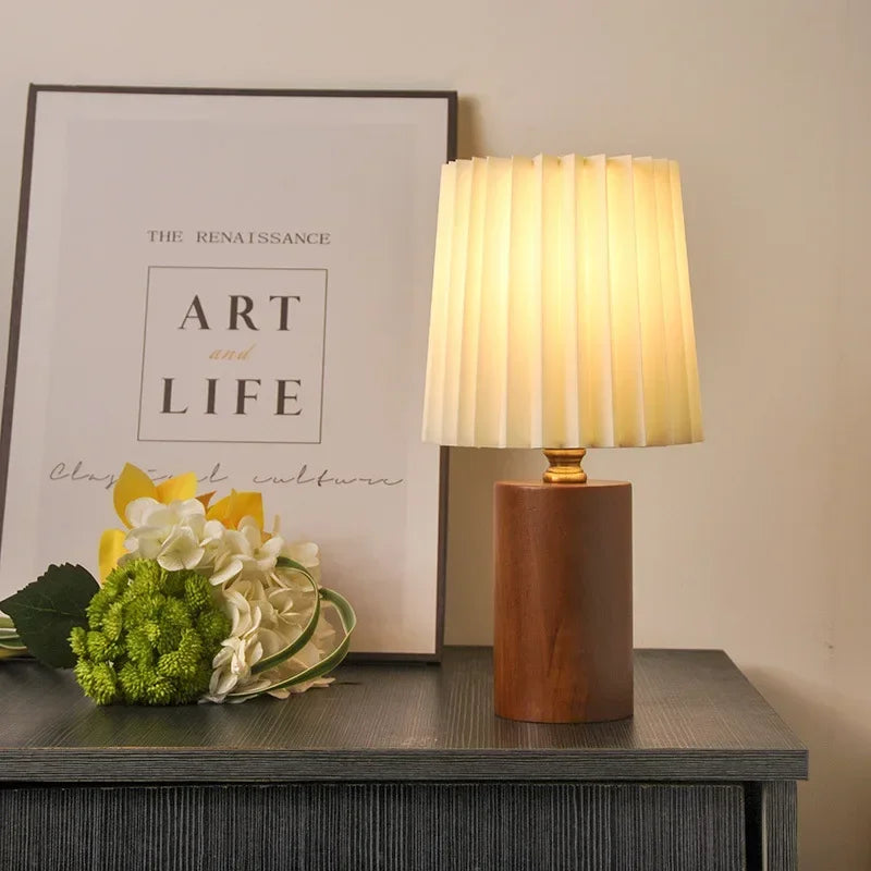 Medieval Pleated Table Lamp | Nordic Wood Base Design | Handcrafted Vintage-inspired Bedside