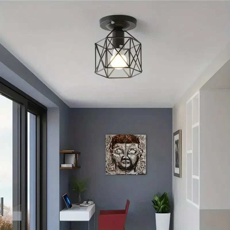 Modern Gold Ceiling Light | Geometric Metal Cage Design | Iron Industrial Bedroom