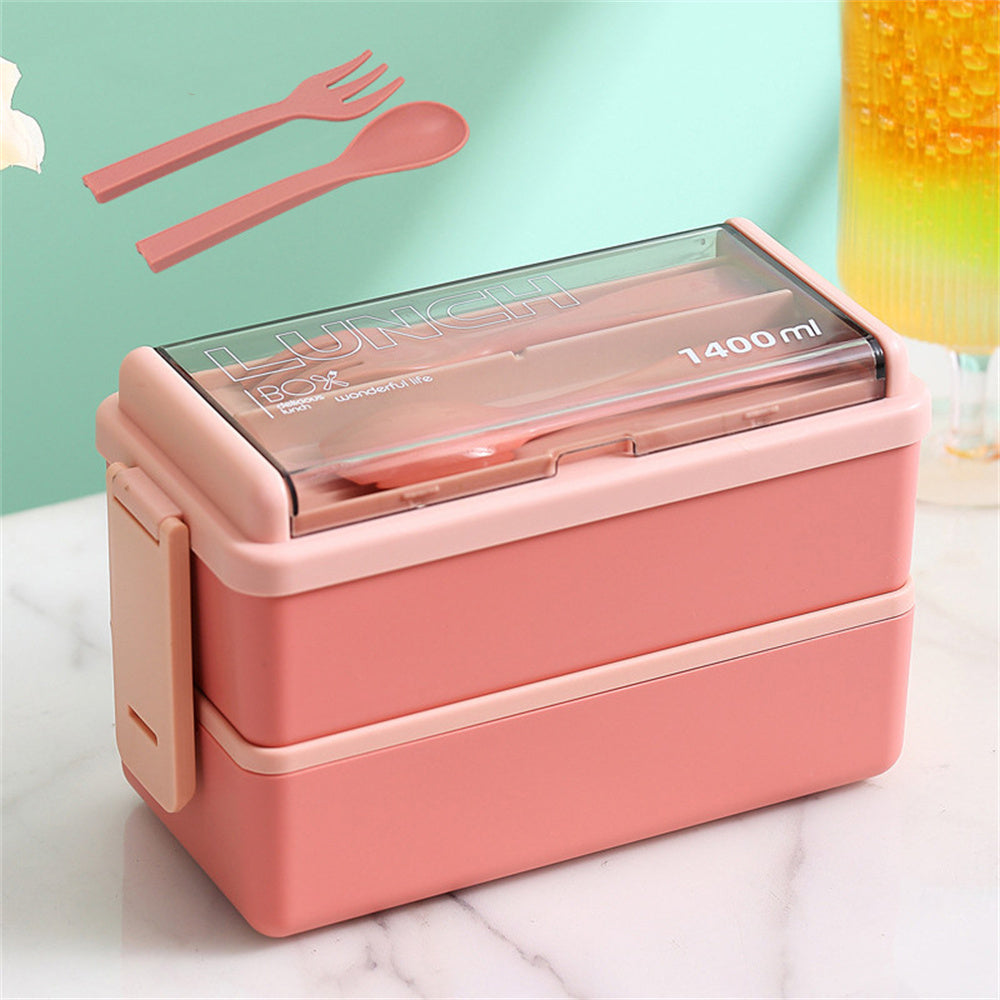 1400ml Double Layer Bento Box | Portable Lunch Box with Fork & Spoon | Microwave Safe Food