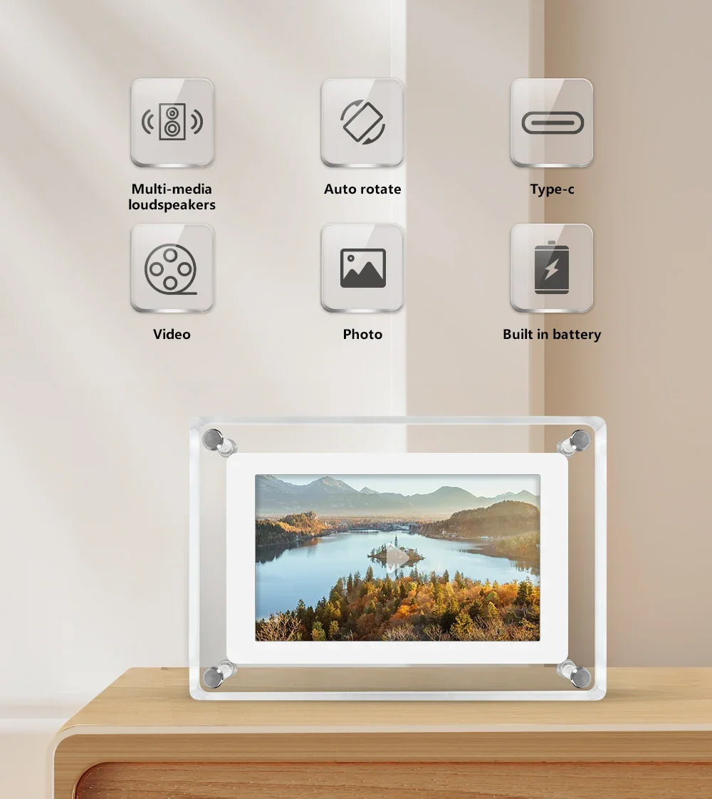 ClearFrame | Acrylic Digital Photo Frame | Portable IPS Display with Built-in Battery | Shelf