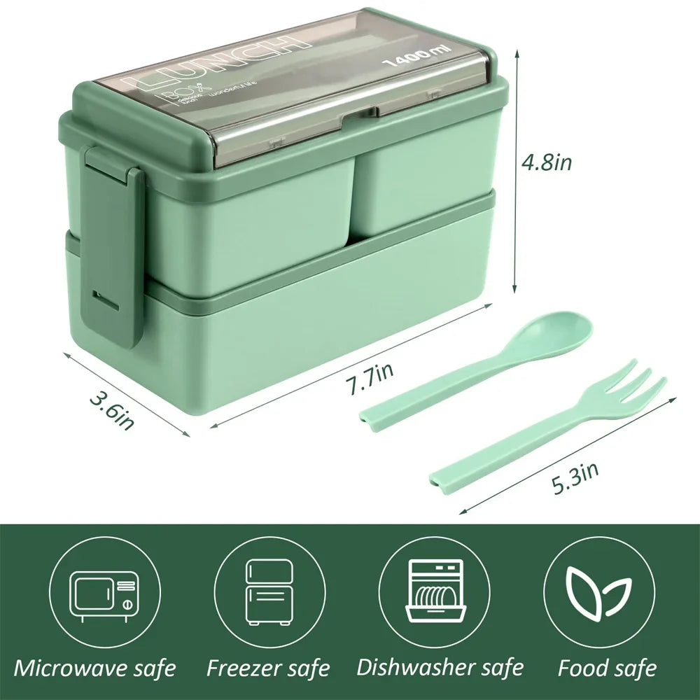 1400ml Double Layer Bento Box | Portable Lunch Box with Fork & Spoon | Microwave Safe Food