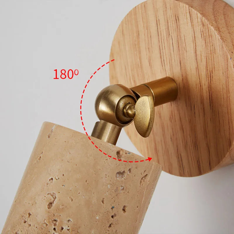 Huangdong Wall Lamp | Wabi-Sabi Travertine & Wood Light | Travertine Stone Adjustable Bedroom