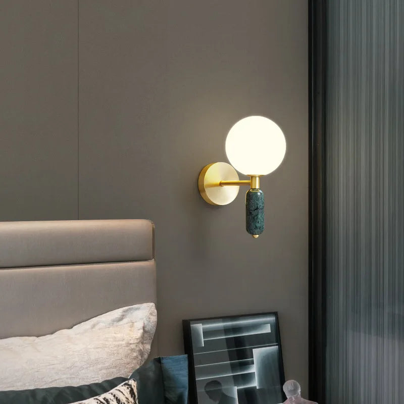 Marble & Glass Wall Lamp | Gold Finish Modern Sconce | Wall Light Bedroom