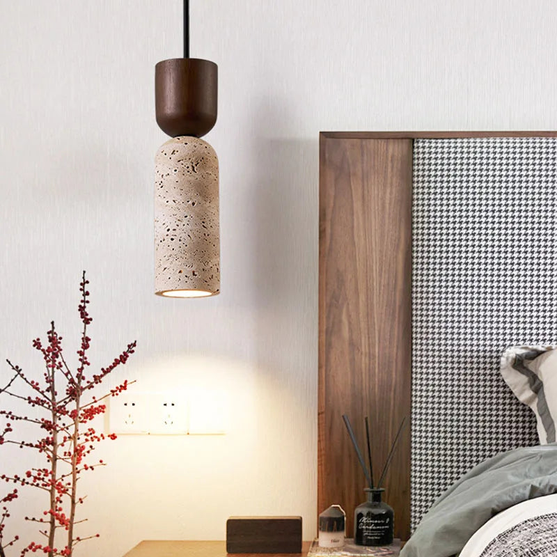 Wabi-Sabi Travertine & Wood Pendant Light | Japanese Minimalist Bedside Lighting | Walnut