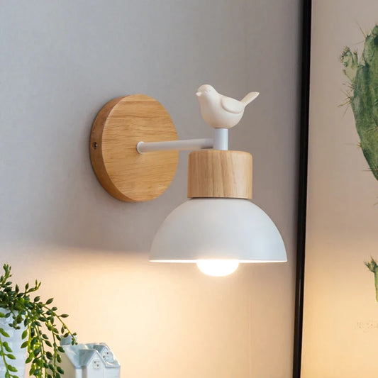 Nordic Wooden Bird Wall Lamp | LED Bedside Wall Sconce | Wall Light Wood Iron Bedroom