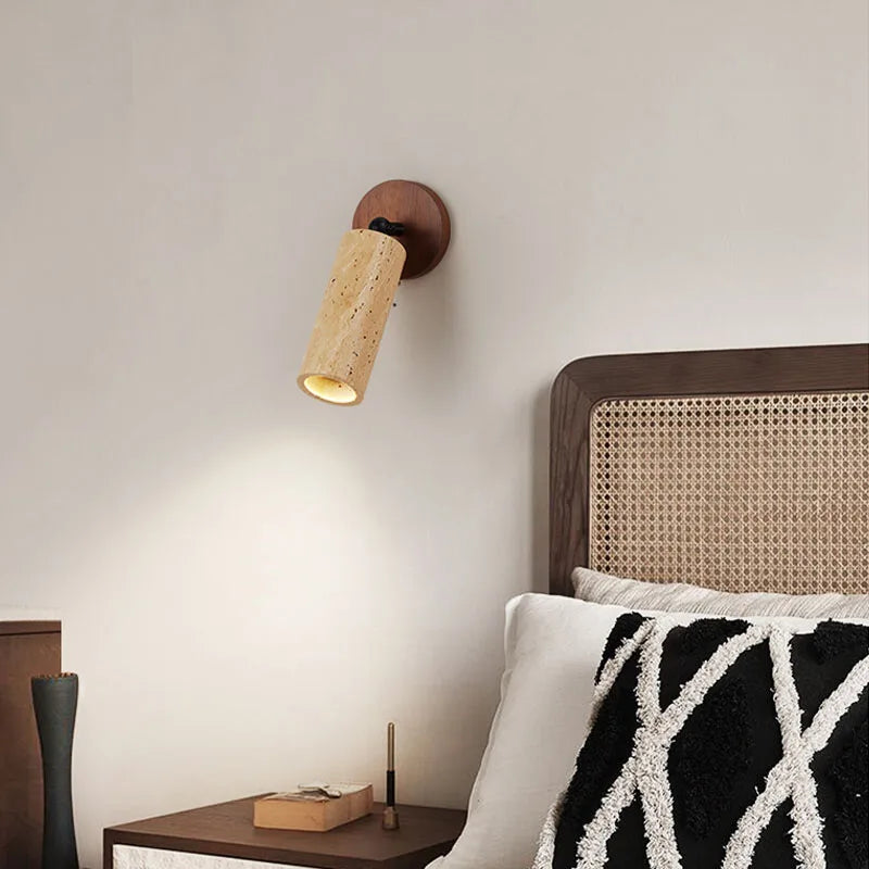 Huangdong Wall Lamp | Wabi-Sabi Travertine & Wood Light | Travertine Stone Adjustable Bedroom