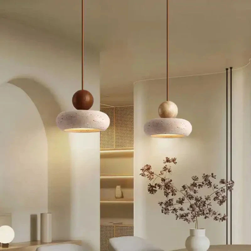 Natural Stone & Wood Pendant Light | Vintage Minimalist Pendant | Adjustable Vintage-inspired