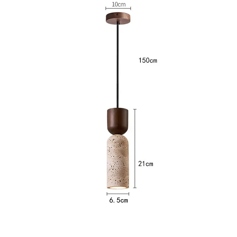 Wabi-Sabi Travertine & Wood Pendant Light | Japanese Minimalist Bedside Lighting | Walnut