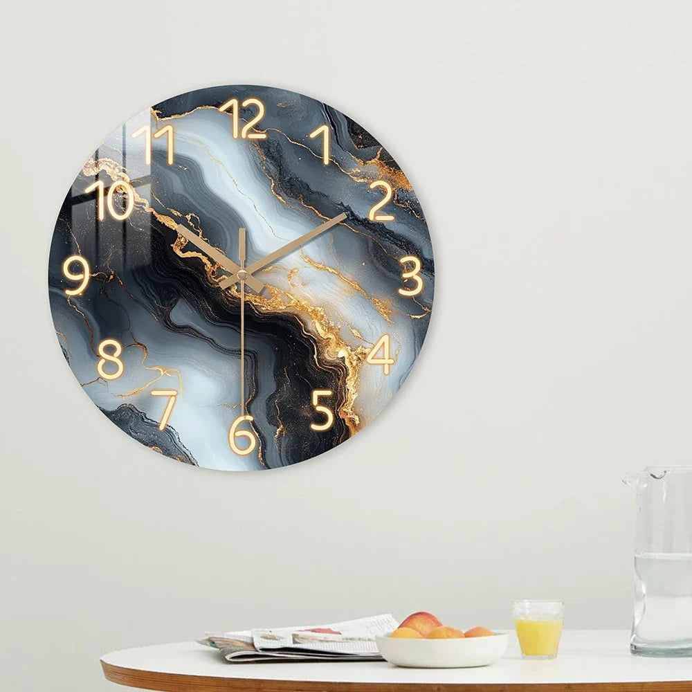 Blue & Gold Marble Wall Clock | Silent Wooden Design | Wood Kitchen
