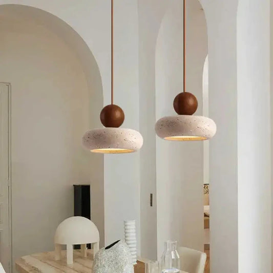 Natural Stone & Wood Pendant Light | Vintage Minimalist Pendant | Adjustable Vintage-inspired