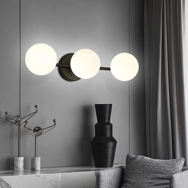 Modern Nordic Glass Ball Wall Light | Triple Globe Design | Metal Bedroom