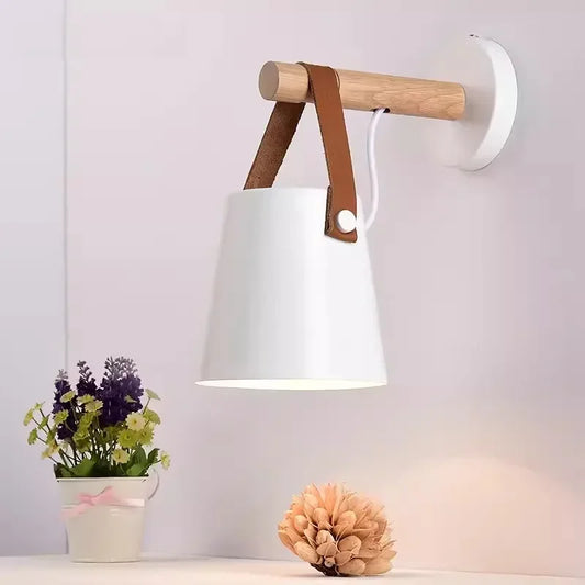 Nordic Wood & Leather Wall Lamp | Hanging Bedside Light | Iron Handcrafted Bedroom