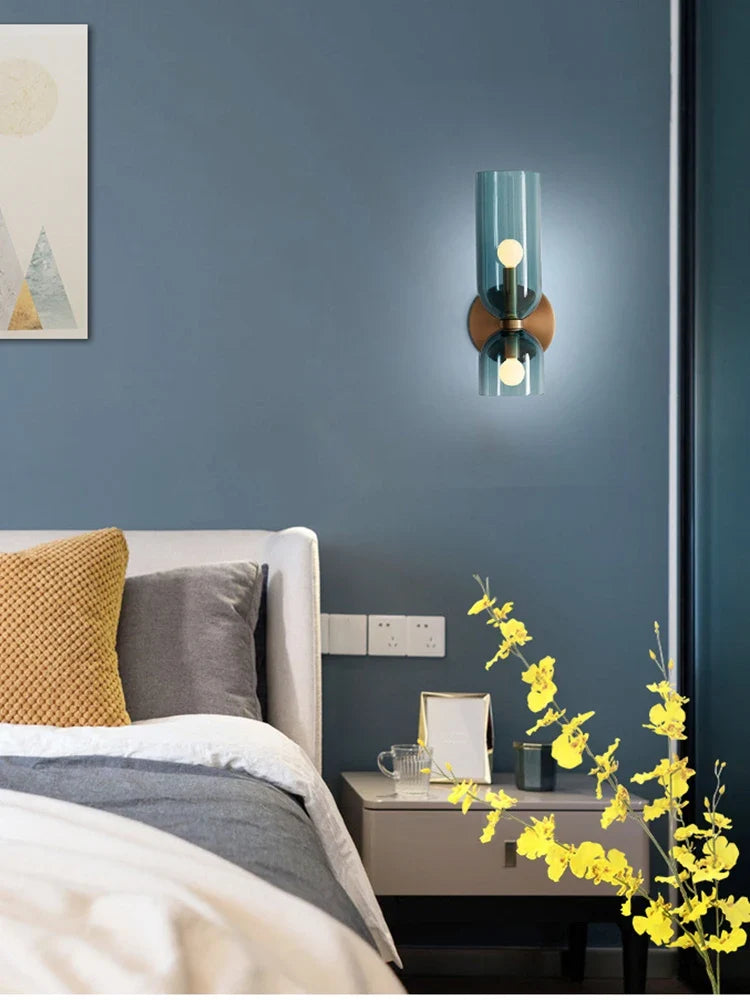 Nordic Glass Wall Lamp | Smoked Tube Design | Wall Light Metal Bedroom