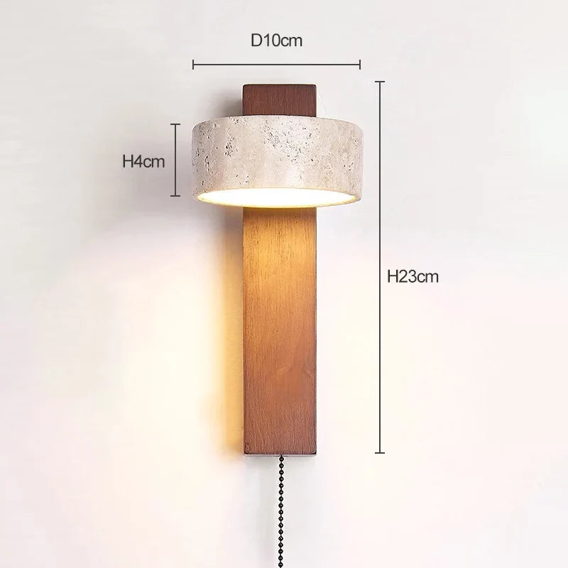 Éclat Wall Lamp | French Wabi-Sabi Headboard Light with Pull Switch | Travertine Stone Wood