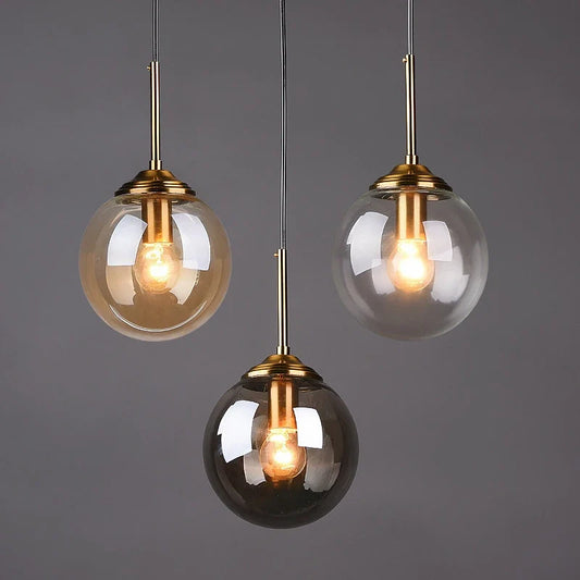 Modern Nordic Glass Globe Pendant Light | Amber, Smoke Grey, Clear Glass | Metal Dining Room