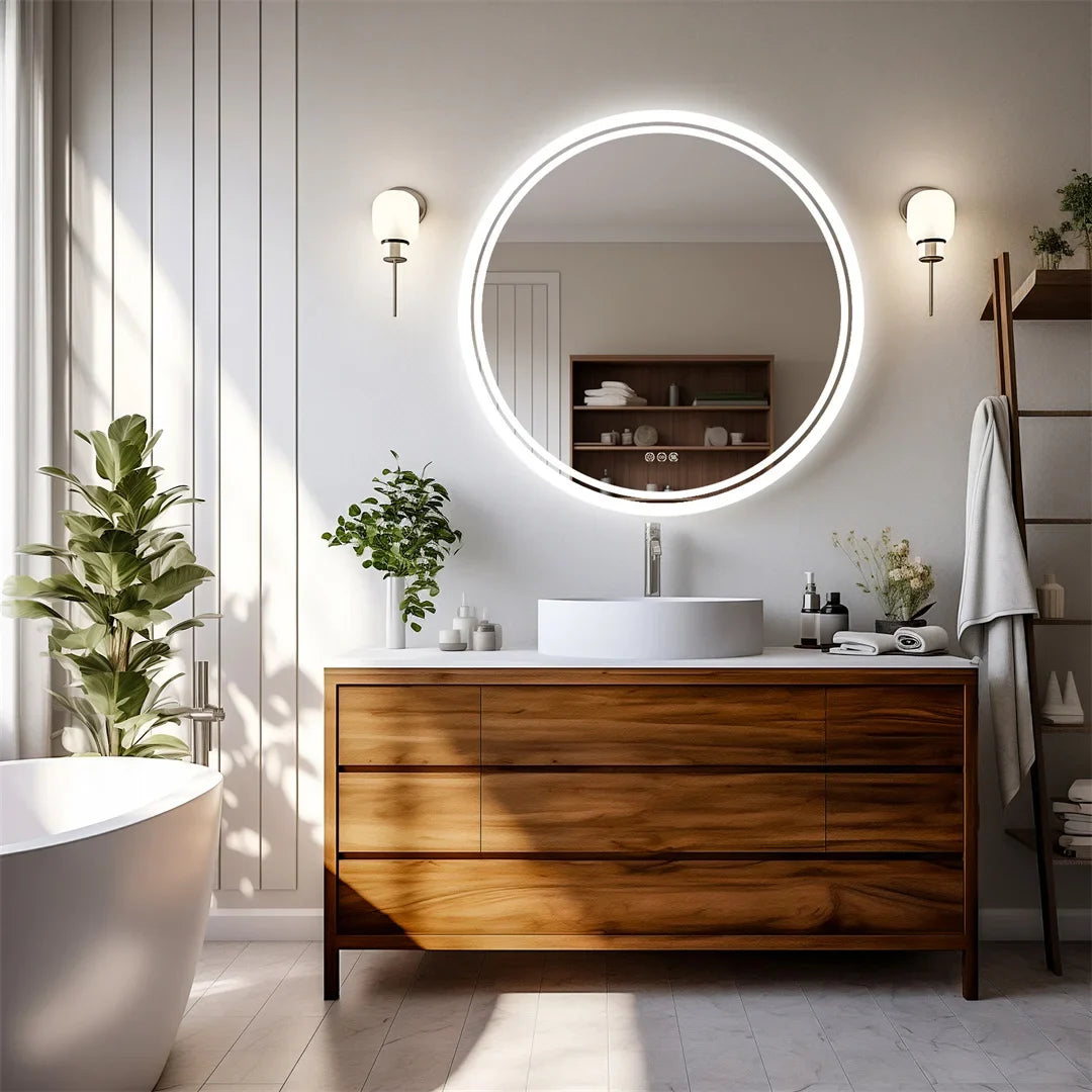 LuvoRound | Round LED Bathroom Mirror | Anti-Fog & Dimmable Touch Screen | Adjustable Anti-Fog