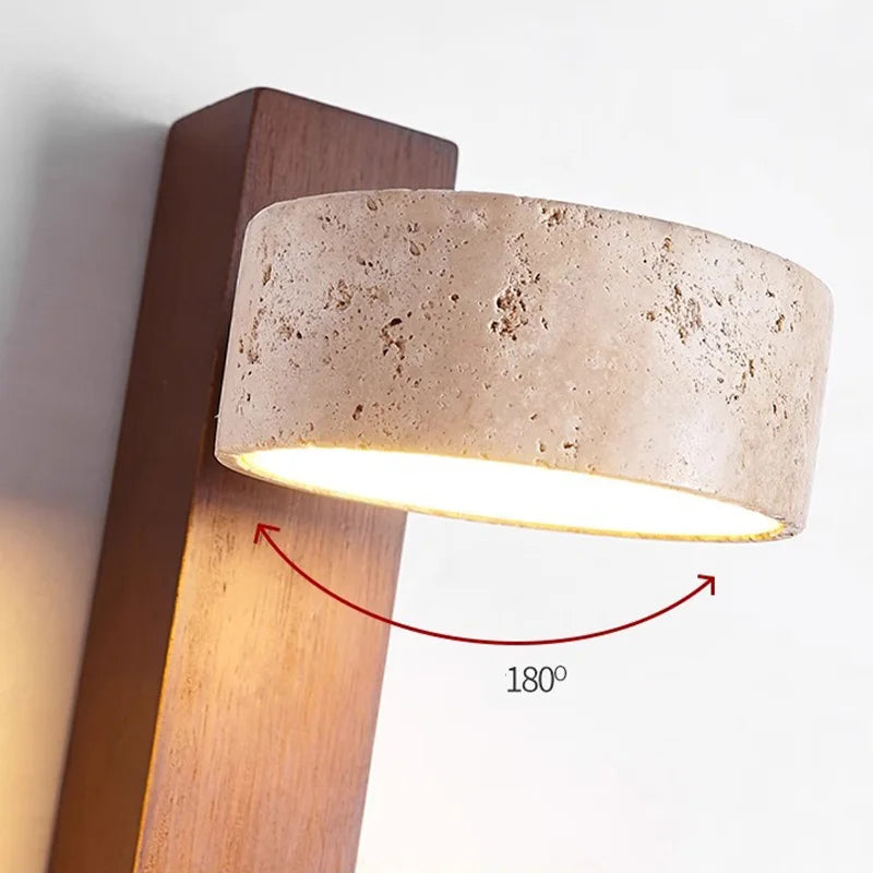 Éclat Wall Lamp | French Wabi-Sabi Headboard Light with Pull Switch | Travertine Stone Wood