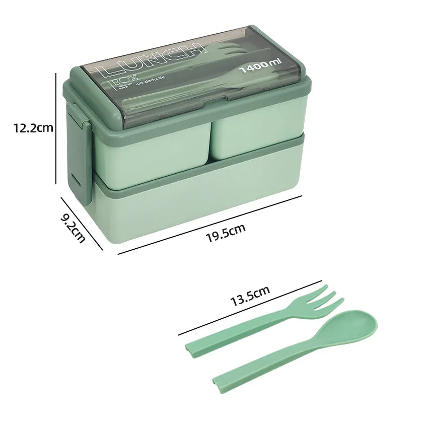 1400ml Double Layer Bento Box | Portable Lunch Box with Fork & Spoon | Microwave Safe Food