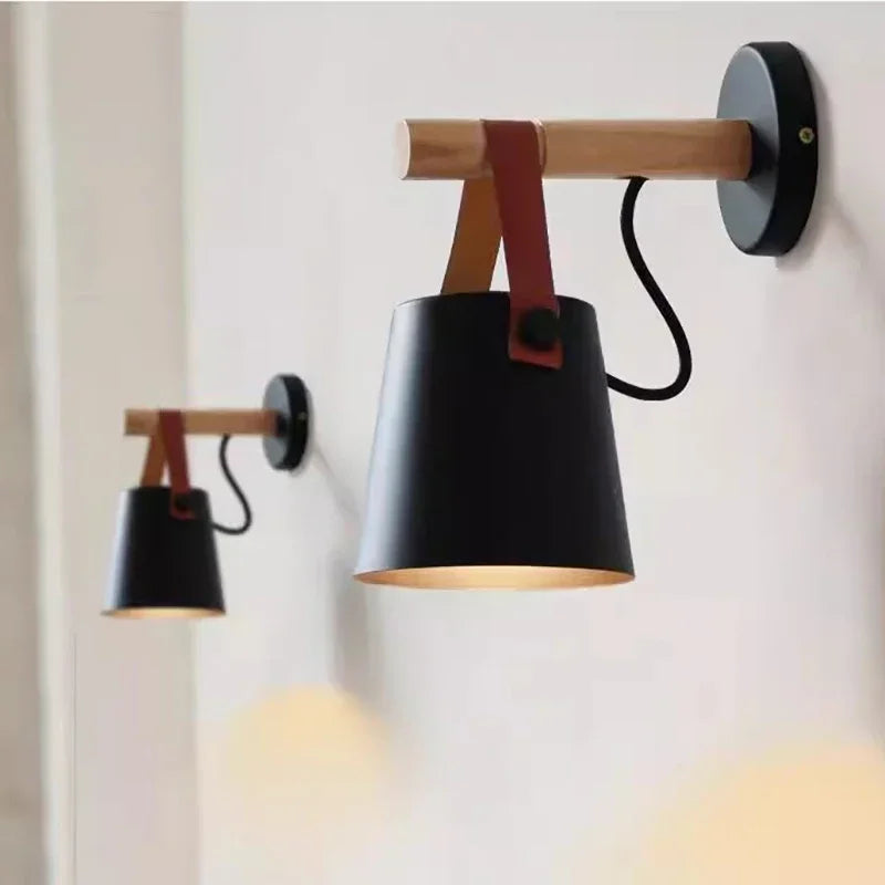 Nordic Wood & Leather Wall Lamp | Hanging Bedside Light | Iron Handcrafted Bedroom