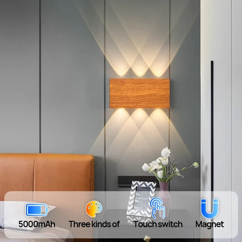 LumiBlock Rechargeable Wall Lamp | Minimalist Wood-Grain Design | Wall Light Touch Control